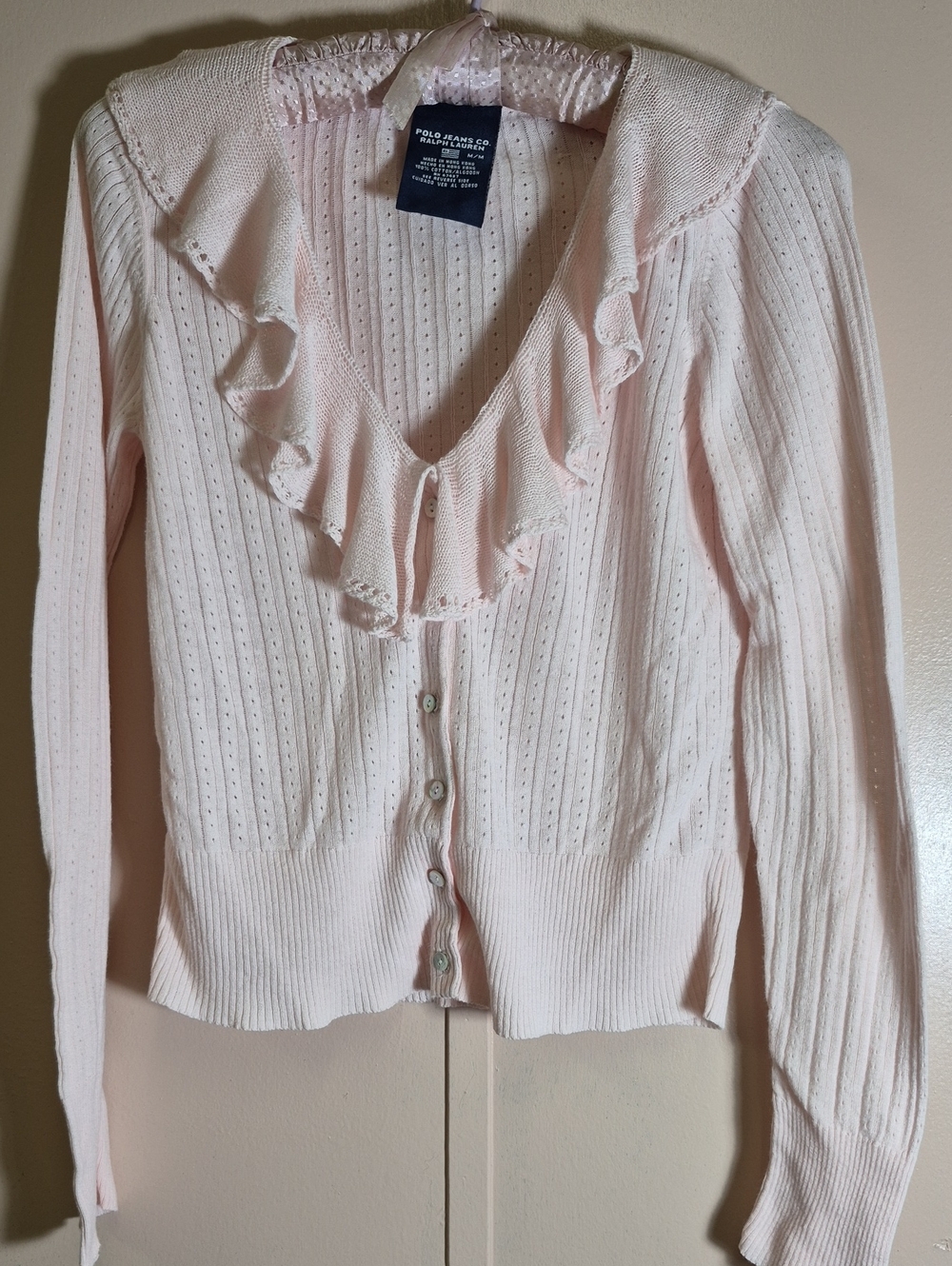 Vintage Polo by Ralph Lauren Light Pink Ruffle V-Neck Button Cardigan
